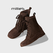 妙丽女靴2026新款 MILLIE 秋冬编织系带短靴内增高棕色拳击靴Z