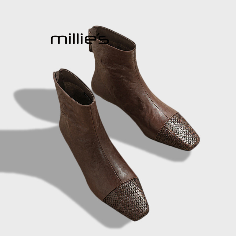 MILLIE'S/妙丽百搭复古真皮短靴女秋冬新款平底瘦瘦靴单靴裸靴子Z,女鞋,时装靴,淘宝优惠券,粉丝福利购,淘宝优惠卷