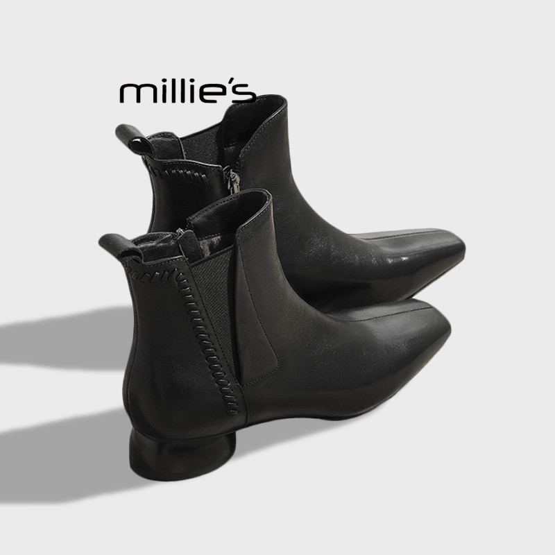 MILLIE'S/妙丽短靴女款早秋方头小踝靴冬季款百搭英伦风切尔西靴Q