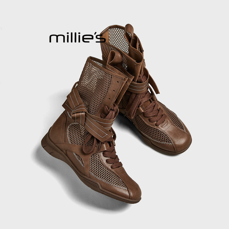 MILLIE'S/妙丽休闲网面凉靴女2025夏拳击猎鸭靴系带圆头百搭单靴,女鞋,绣花鞋,淘宝优惠券,粉丝福利购,淘宝优惠卷