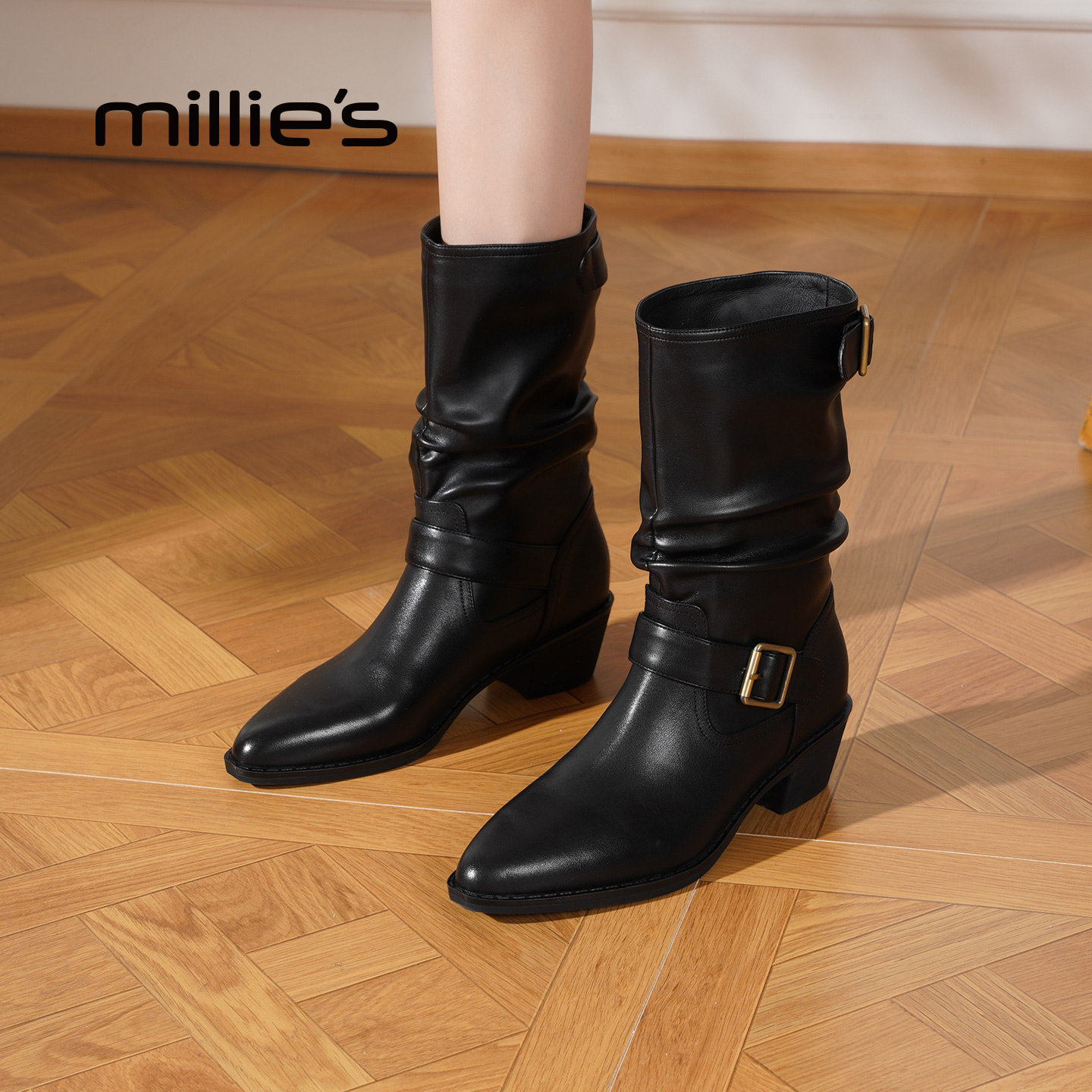 MILLIE'S/妙丽真皮皮带扣靴子女
