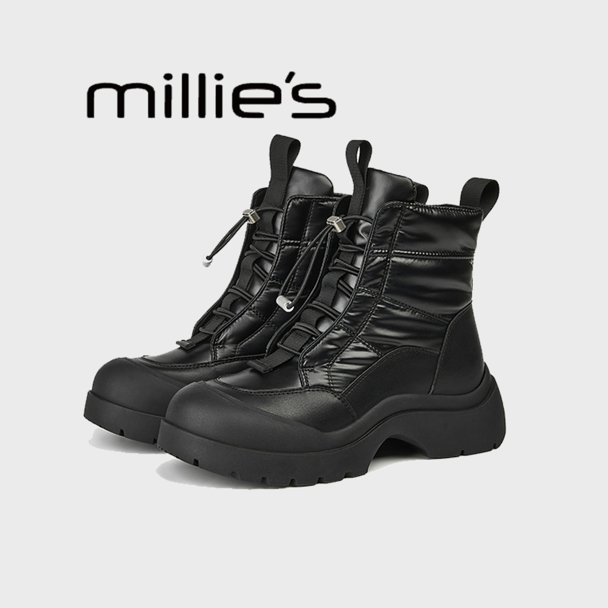 MILLIE'S/妙丽圆头高帮厚底交叉绑带金属扣拼接保暖时尚马丁靴冬