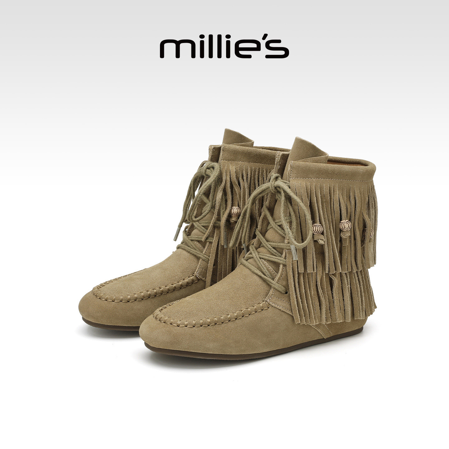 MILLIE'S/妙丽真皮流苏工装靴女