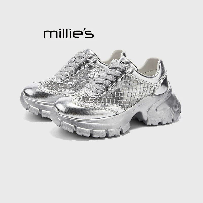 MILLIE'S/妙丽银色厚底老爹鞋女透气镂空休闲运动鞋增高时尚女鞋