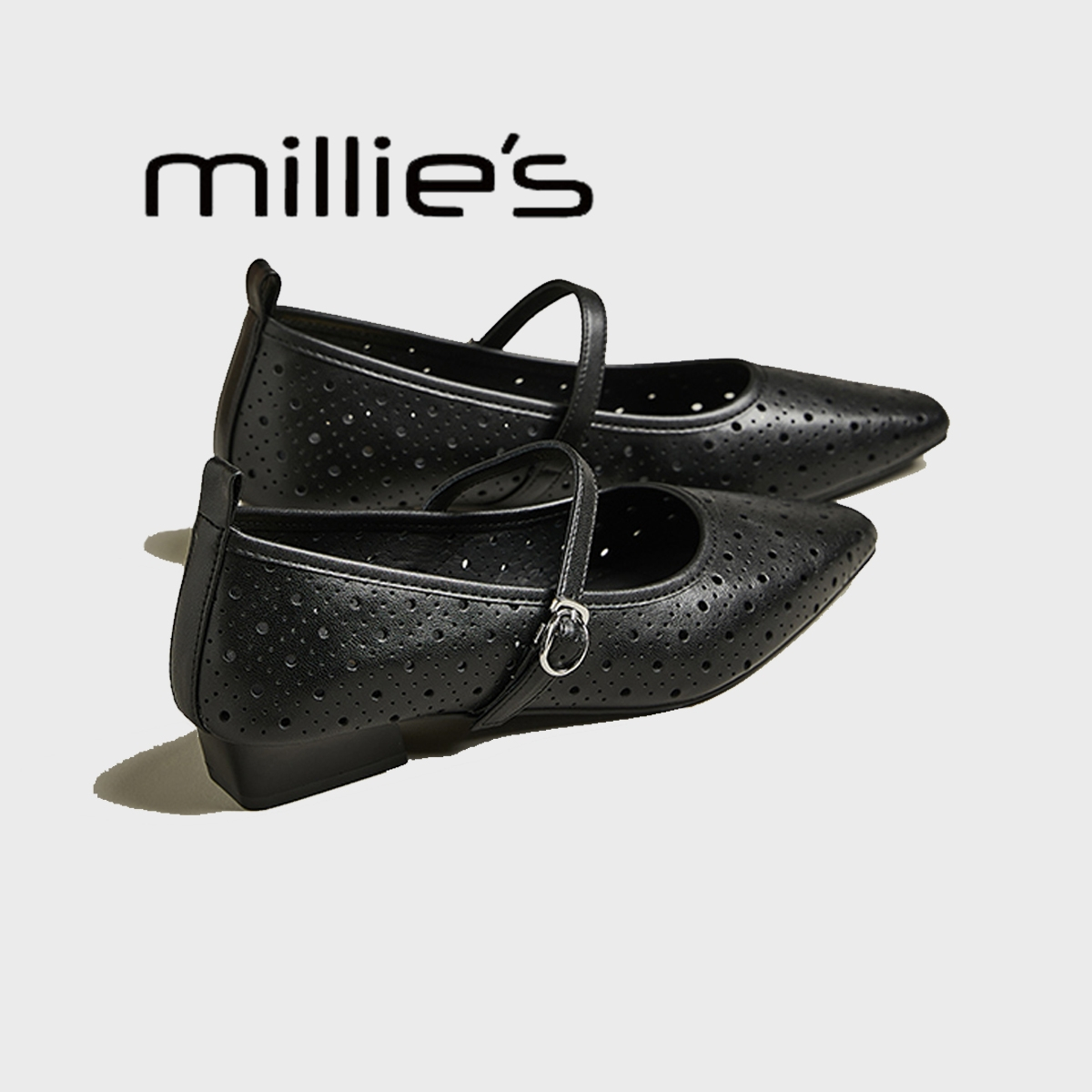 妙丽真皮女鞋夏季新款浅口镂空透气玛丽珍鞋休闲绑带单鞋平底鞋子