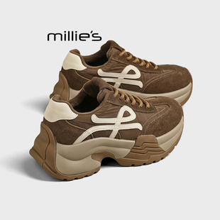 真皮休闲系带复古增高运动鞋 MILLIE 女冬季 妙丽厚底加绒阿甘鞋