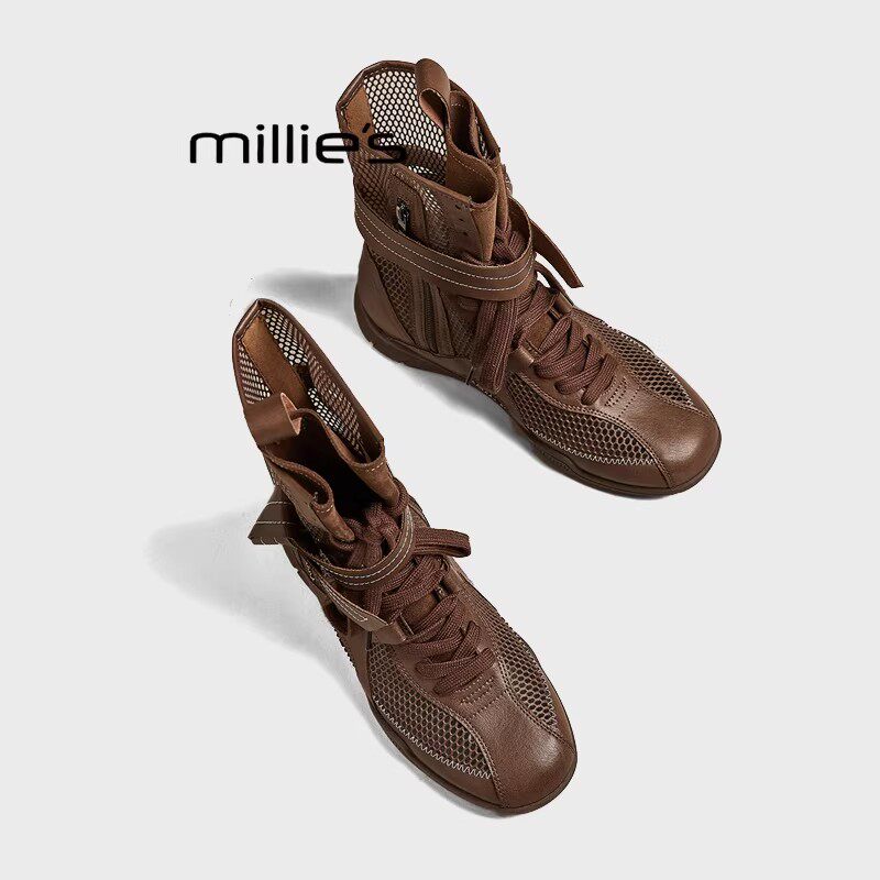 MILLIE'S/妙丽夏款小众厚底透气网面靴女2026真皮拳击马丁短靴