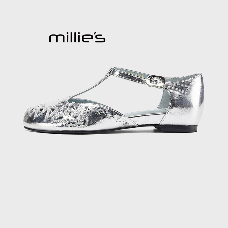 MILLIE'S/妙丽银色镂空玛丽珍鞋女一字带扣平底凉鞋法式优雅透气Z