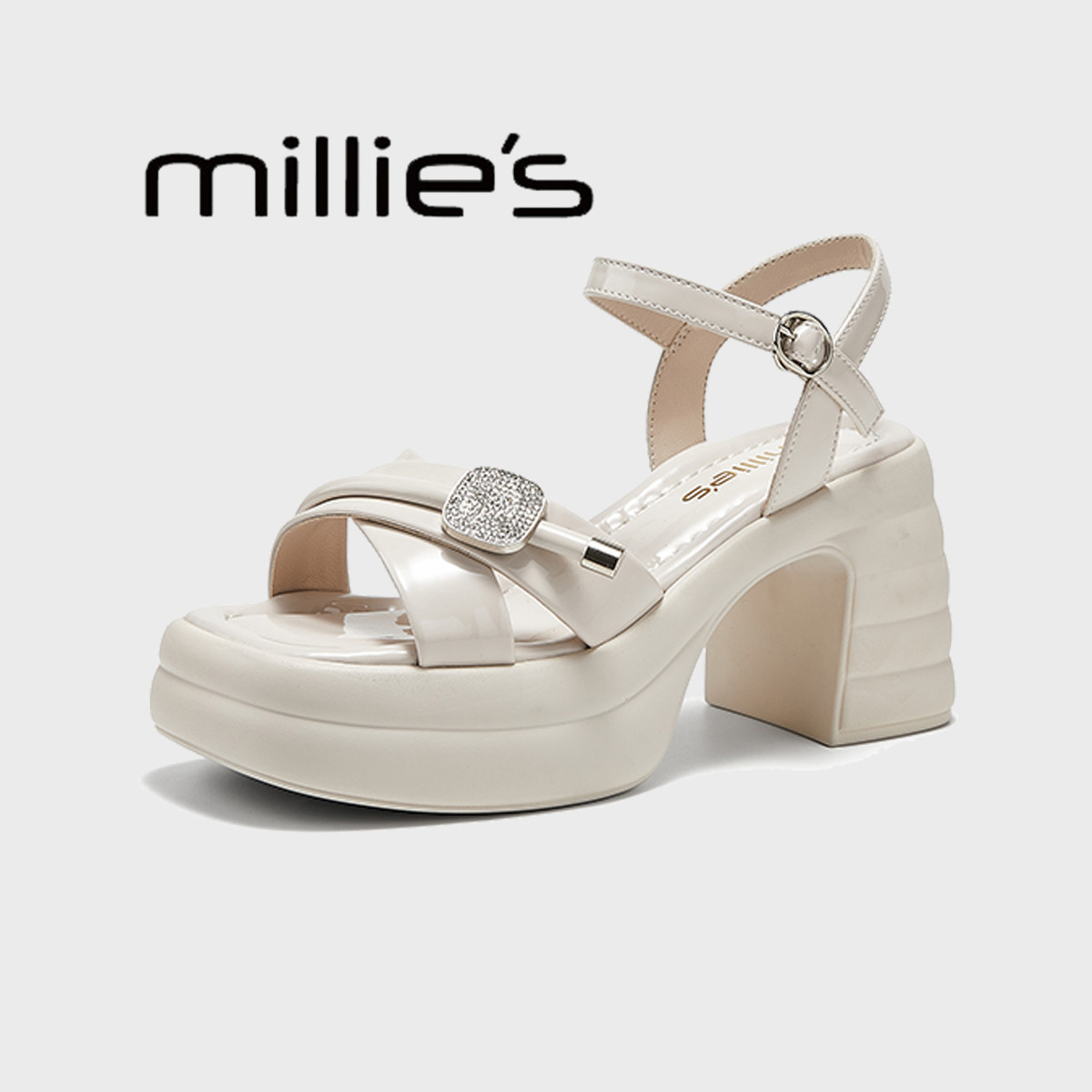 MILLIE'S/妙丽厚底方头凉鞋女2026夏小个子显高配裙子法式高跟鞋