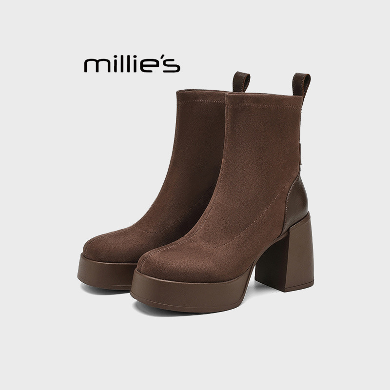 MILLIE'S/妙丽粗跟短靴女2026新款磨砂皮厚底瘦瘦靴马丁靴Z