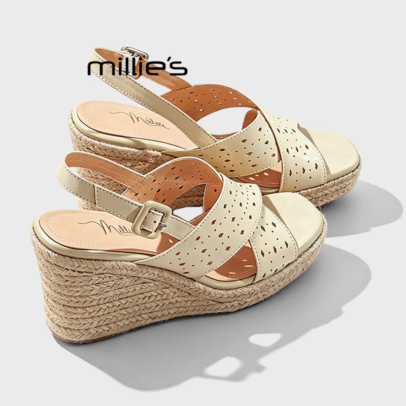 MILLIE'S/妙丽法式镂空交叉带坡跟凉鞋女夏厚底露趾不累脚高跟鞋Z