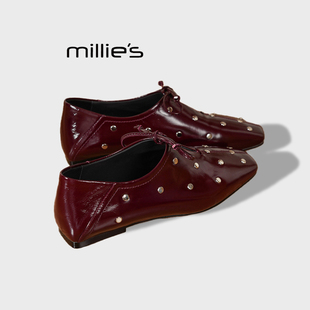 MILLIE'S/妙丽法式方头平底铆钉休闲小皮鞋系带英伦风百搭单鞋女Q