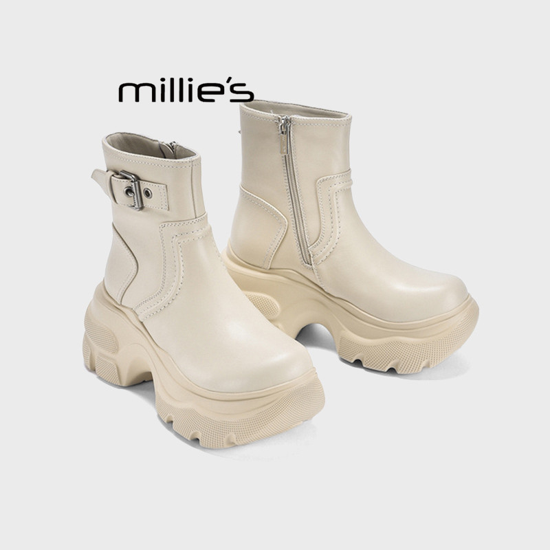 MILLIE'S/妙丽复古皮带扣厚底短靴女冬季款加绒小个子增高马丁靴Q,女鞋,时装靴,淘宝优惠券,粉丝福利购,淘宝优惠卷