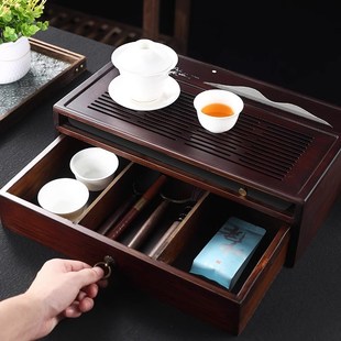 家用小型干泡茶台整块排水茶海 高端办公室功夫茶具茶盘实木电木款