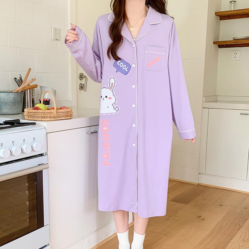 纯棉月子服孕妇睡裙长袖春秋产后长版哺乳哺乳衣洋装家居服大尺码