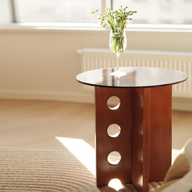 mingbo实木沙发洞洞边几法式中古茶几桌子钢化玻璃茶几覆古小圆桌