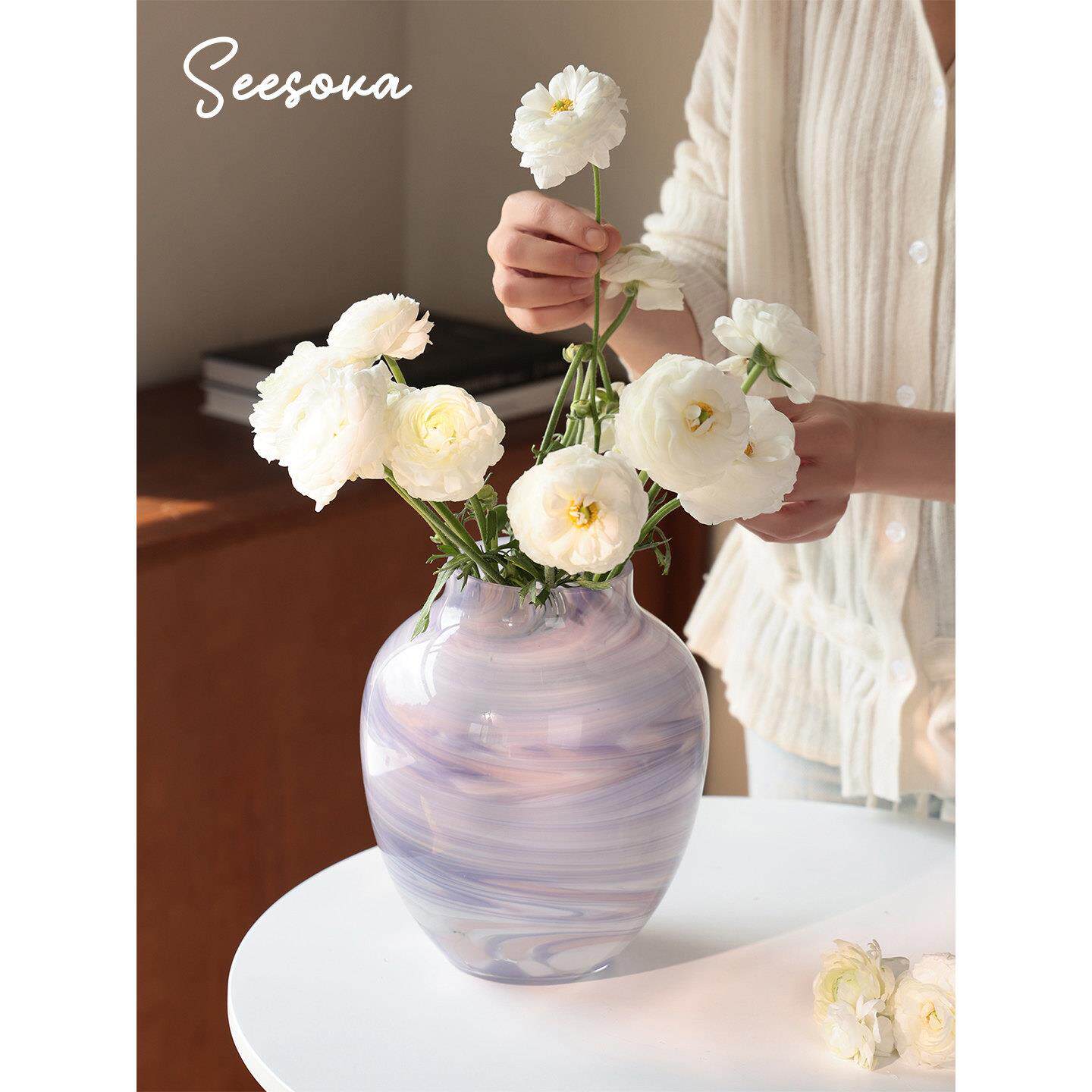 Seesova 简约现代紫色手工玻璃花瓶轻奢高级客厅玄关桌面插花摆件