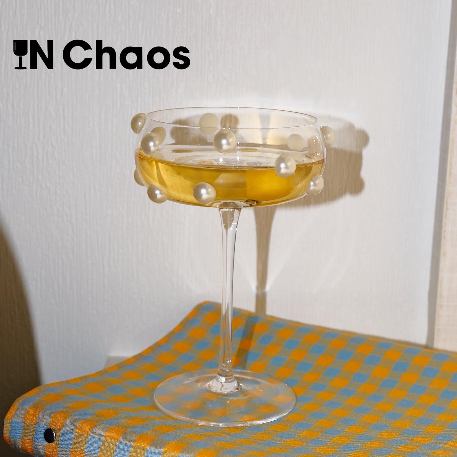 IN Chaos奢华原创手工珍珠贴片高脚玻璃杯果汁杯甜品杯冰淇淋杯