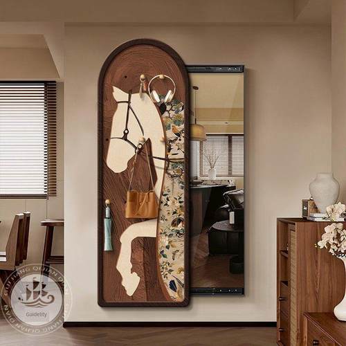 法式覆古马到成功玄关洞洞板装饰画中古风可推拉隐藏式全身镜挂画