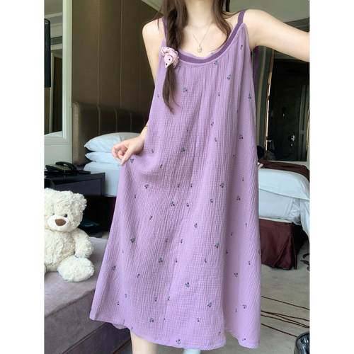 2025新款夏日连衣裙双层棉纱长款睡裙可外穿吊带睡衣女夏季家居服