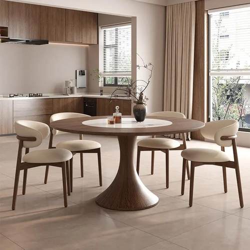 北欧实木圆餐桌中古风多功能暖菜电磁炉一体内嵌转盘圆桌2025新款