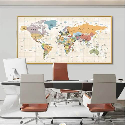2026年世界地图办公室墙面装饰画中英文现代简约客厅会议室挂画