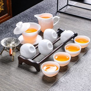 家用办公室功夫茶杯羊脂玉白瓷 问谦堂高端冰种玉悬停盖碗茶具套装