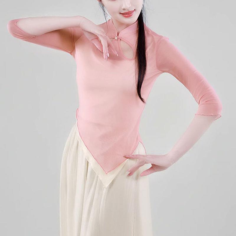 古典舞纱衣飘逸练功服女成人网纱上衣中国风短款镂空旗袍舞蹈服装