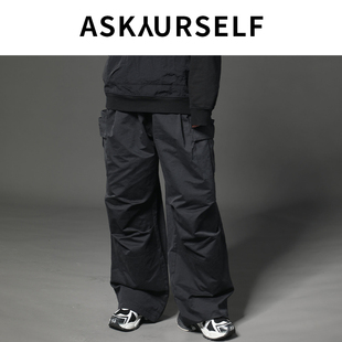 ASKYURSELF旅行者梭织长裤黑色十字梵文刺绣口袋工装直筒裤