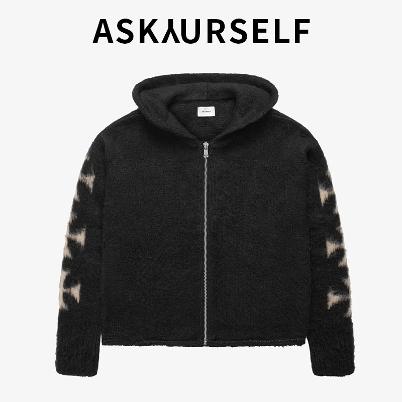 ASKAURSELF黑色连帽开衫男女情侣休闲插肩拉绒交叉拉链针织