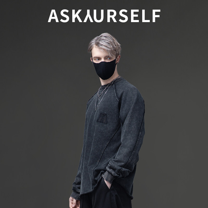 ASKYURSELF沉默者重磅T恤黑色水洗褪色拼接磨边男士长袖上衣