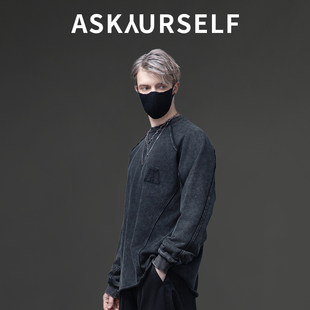ASKYURSELF沉默者重磅T恤黑色水洗褪色拼接磨边男士长袖上衣