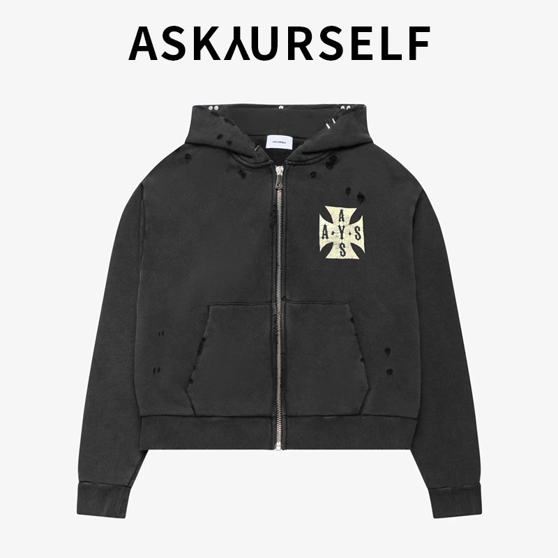 ASKAURSELF黑色连帽卫衣拉链外套休闲街头风交叉拉链短款连帽衫