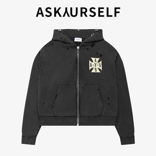 ASKAURSELF黑色连帽卫衣拉链外套休闲街头风交叉拉链短款连帽衫
