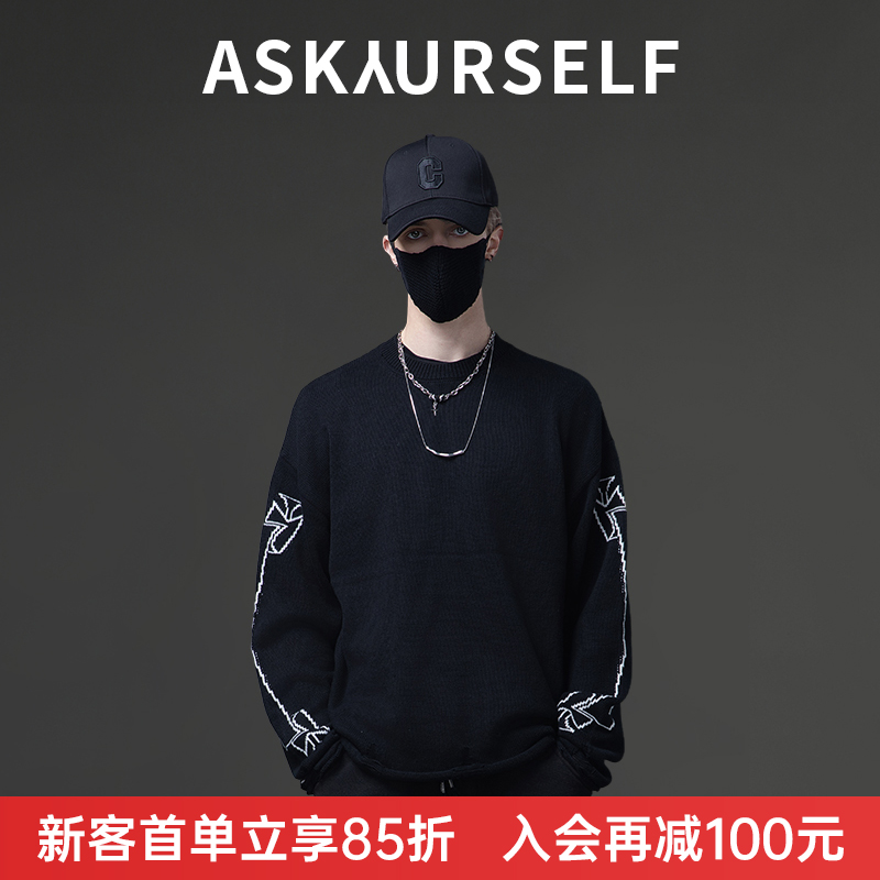 ASKYURSELF卷轴破坏针织圆领毛衣 男女同款 黑色