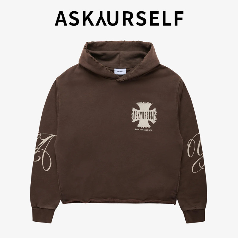 ASKAURSELF美式高街风连帽卫衣男女重磅水洗印花拉维交叉连帽衫