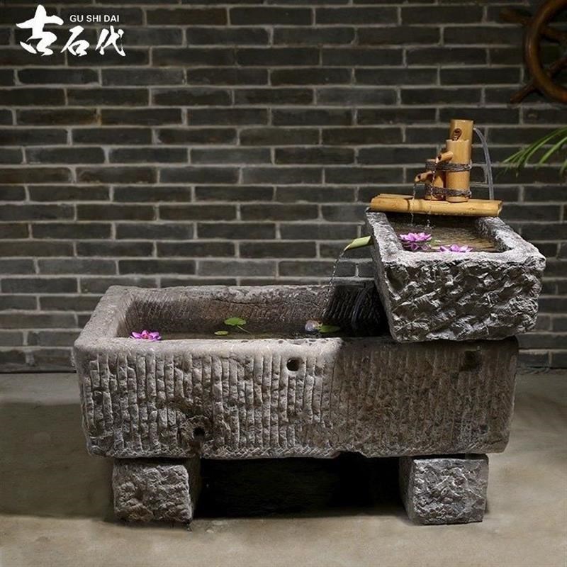 老旧石槽鱼缸鱼池石头石缸养鱼户外庭院石磨青石马槽景观流水摆件