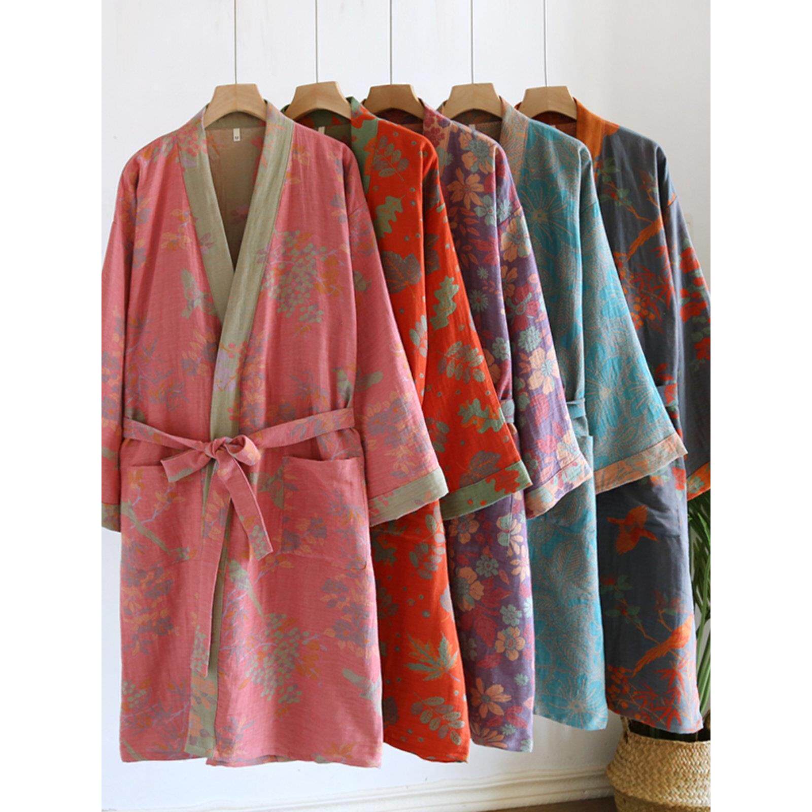 睡袍女纯棉双层纱布提花浴袍春秋薄款日系和服睡衣吸水浴衣汗蒸服