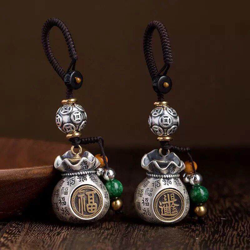 纯银福袋汽车钥匙扣挂件高档新款福字钱袋子金属挂饰高端吊坠男士