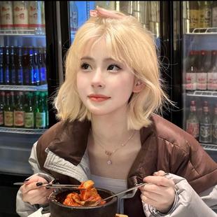 韩式 短发假发女全头套纹理烫白金色空气感刘海卷发减龄发型日系