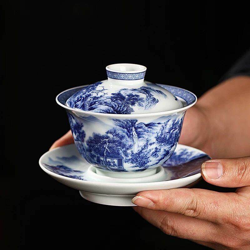 景德镇青花山水盖碗陶瓷三才盖碗茶杯家用泡茶碗高端功夫茶具茶碗