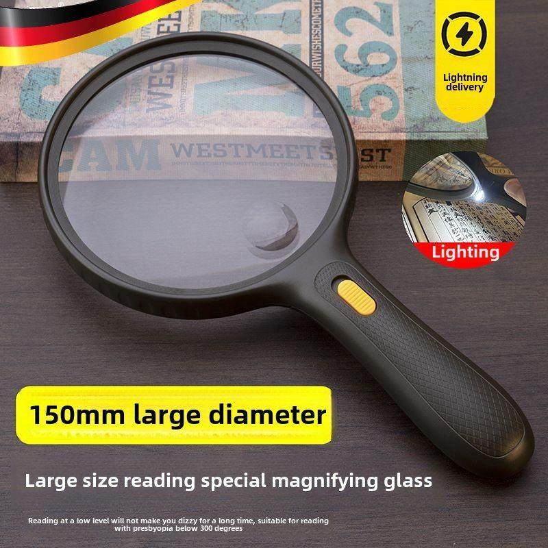 德国放大镜1000高清正品老年人看书用带LED灯手持大镜面非球面儿