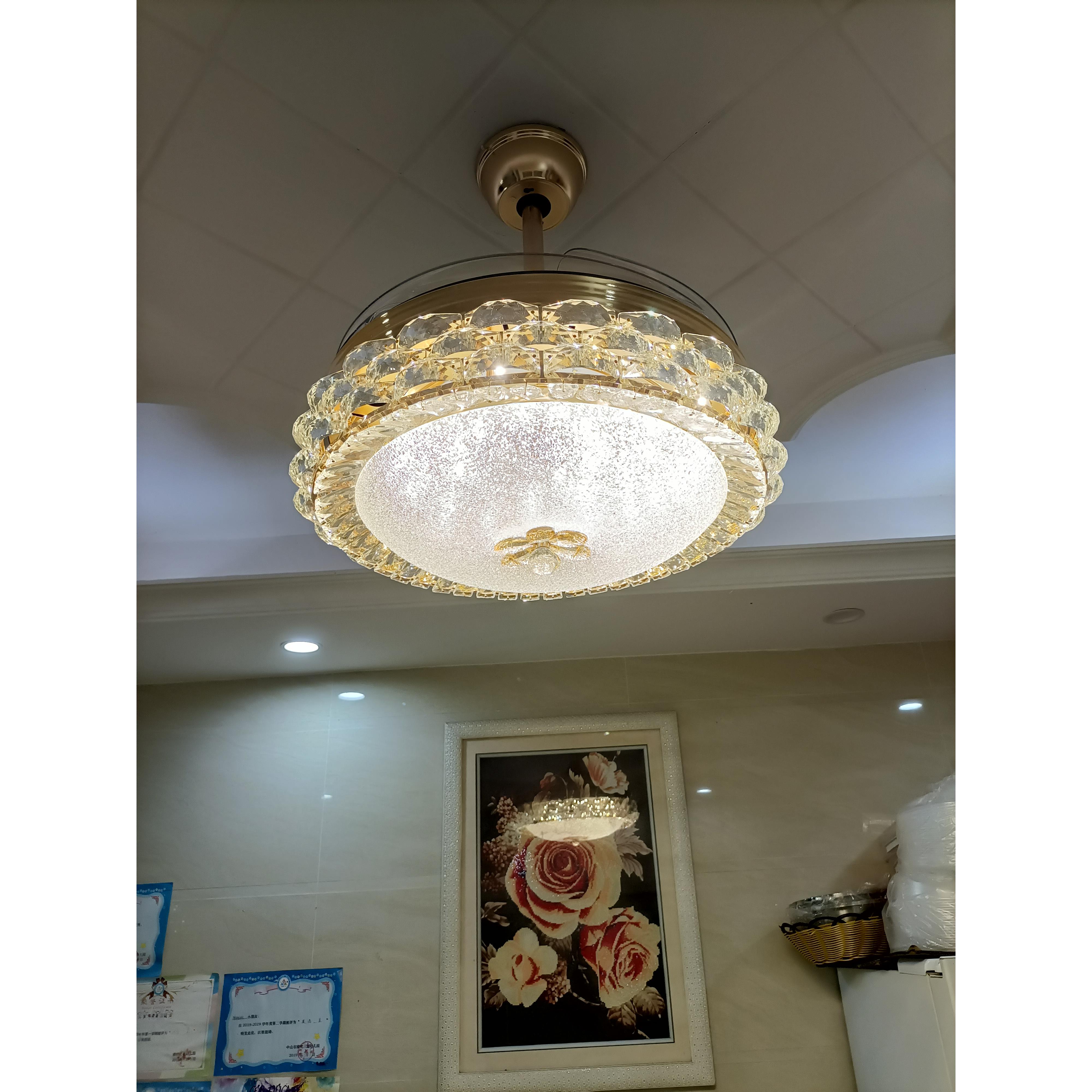 隐形风扇灯新款水晶智能灯餐厅风扇灯客厅简约吊扇灯具卧室电风扇