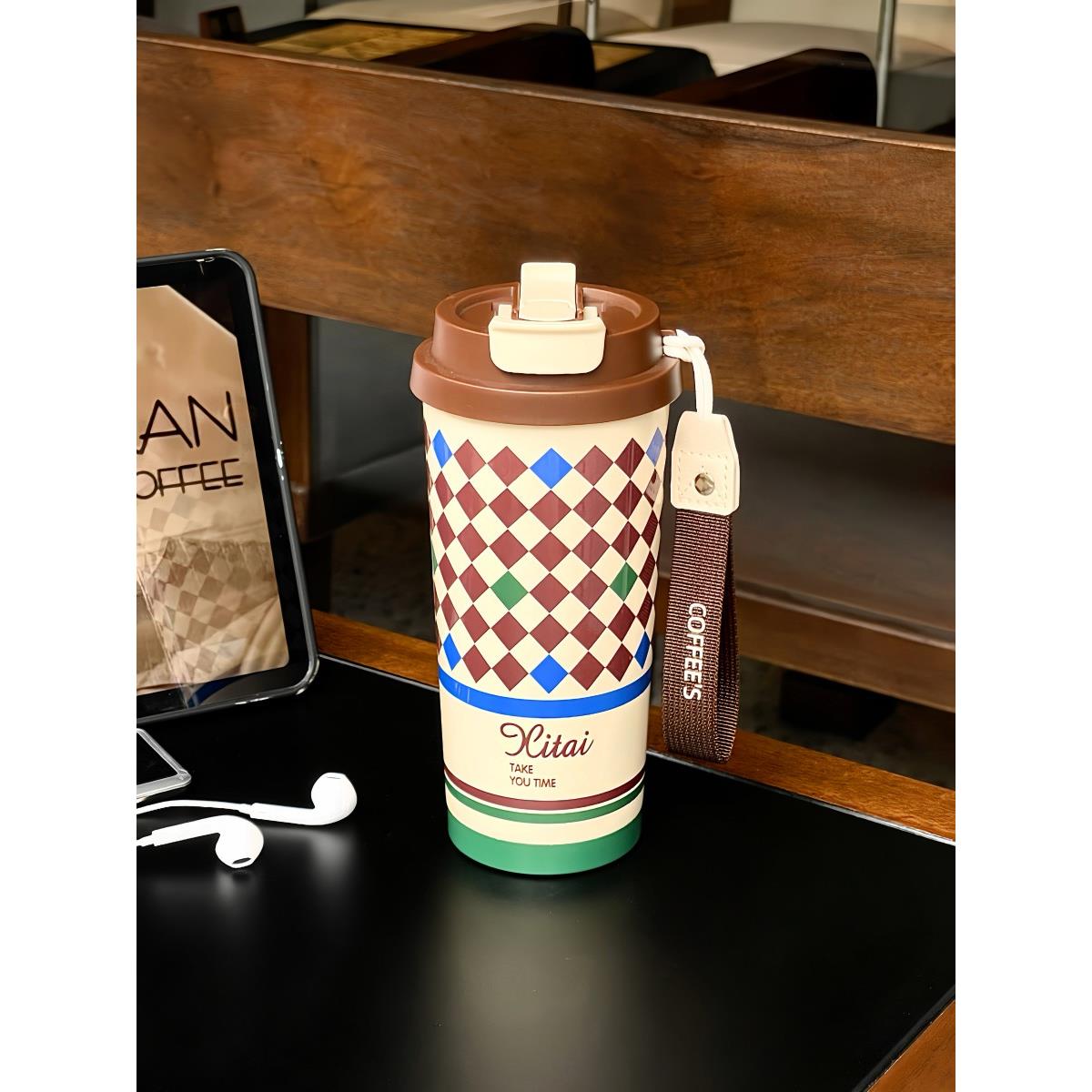 女高颜值陶瓷内胆咖啡杯外出携带保温杯吸管直饮两用便携水杯子