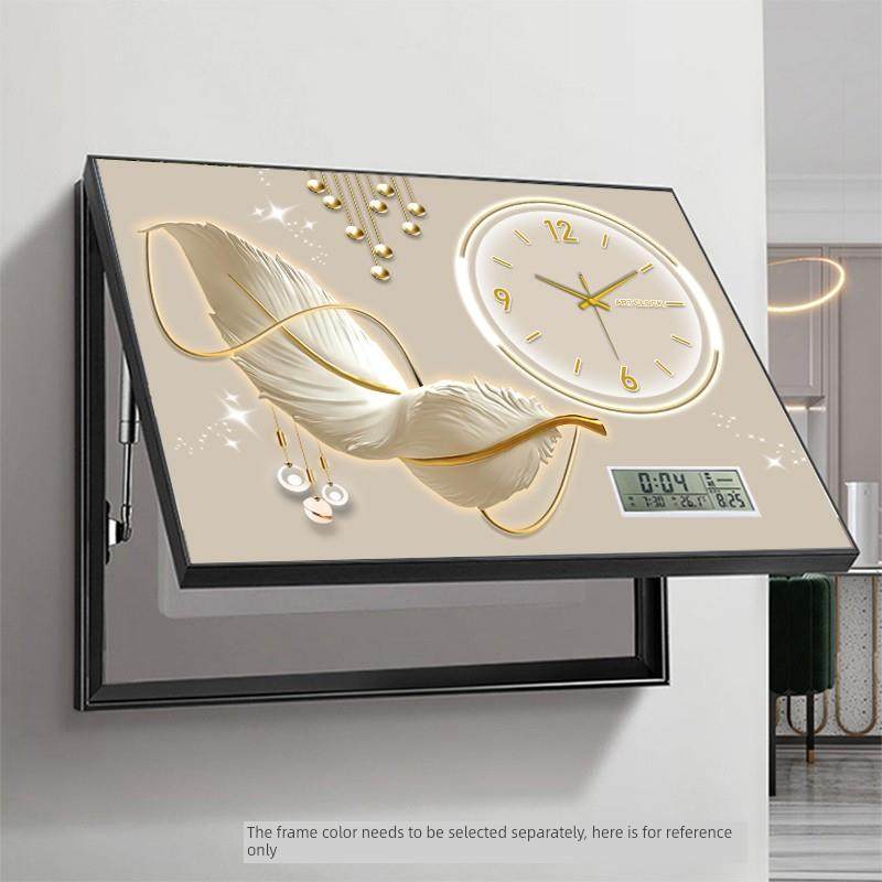 新款电表箱装饰画带钟表万年历免打孔遮挡开关配电箱挂画铝框液压