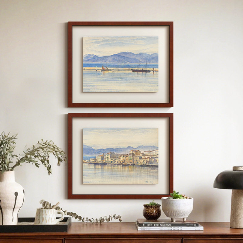 镜海》蓝色水彩风景画南法风复古艺术客厅装饰画法式餐厅玄关挂画