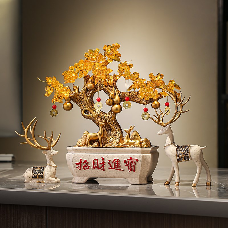 轻奢办公室聚宝盆摇钱发财树摆件客厅电视柜招财进宝装饰开业礼品