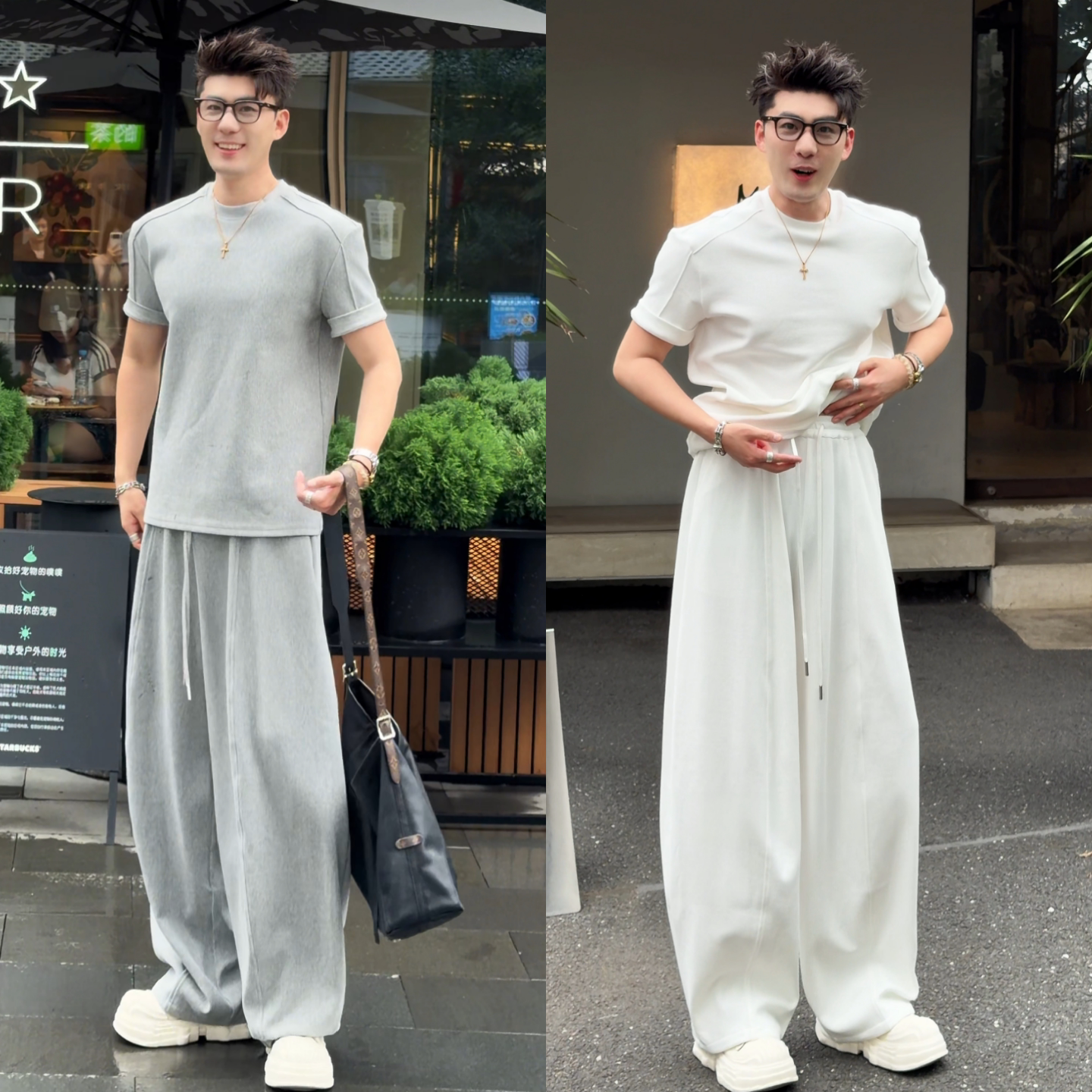 老钱高级感正肩圆领短恤时尚套装