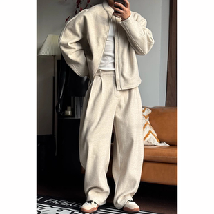 冬季重磅男士高级感纯色外套直筒长裤两件套韩版运动休闲时尚套装