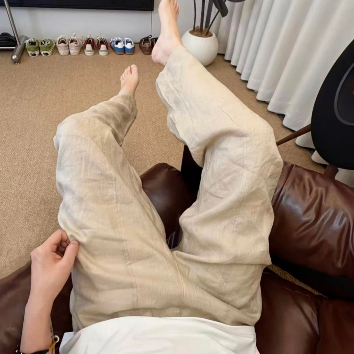 时尚夏季男款简约个性百搭纯色净版老钱风松弛慵懒感休闲亚麻长裤